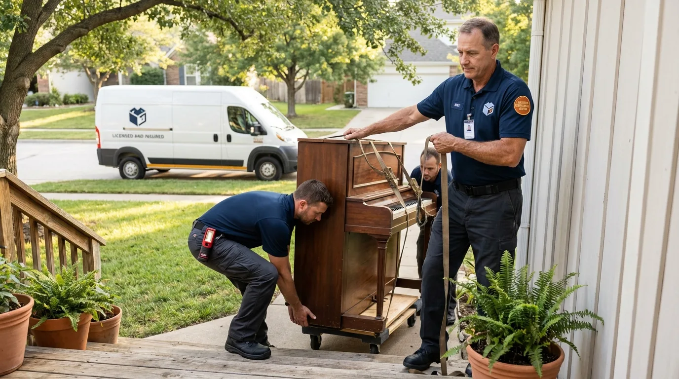 Licensed piano movers securing grand piano in College Park, MD