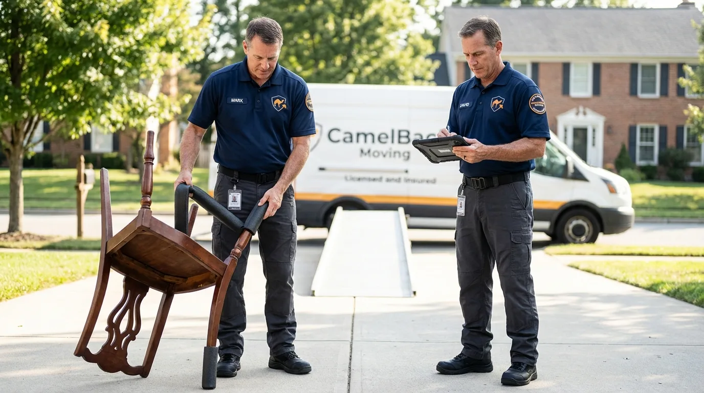Movers inspecting furniture for damage prevention before loading in College Park, MD