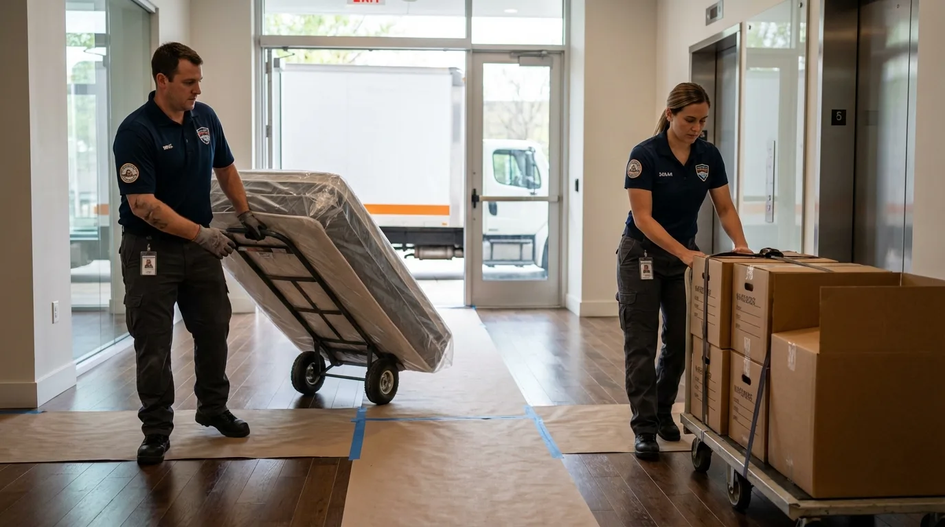 Professional apartment movers loading elevator in College Park, MD